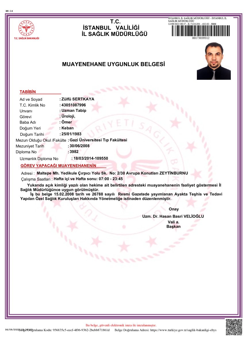 Certificado de idoneidad clínica para el Prof. Dr. Zülfü Sertkaya - Salud y Estética Masculina, Estambul, emitido por la Dirección Provincial de Salud de Estambul, 2022