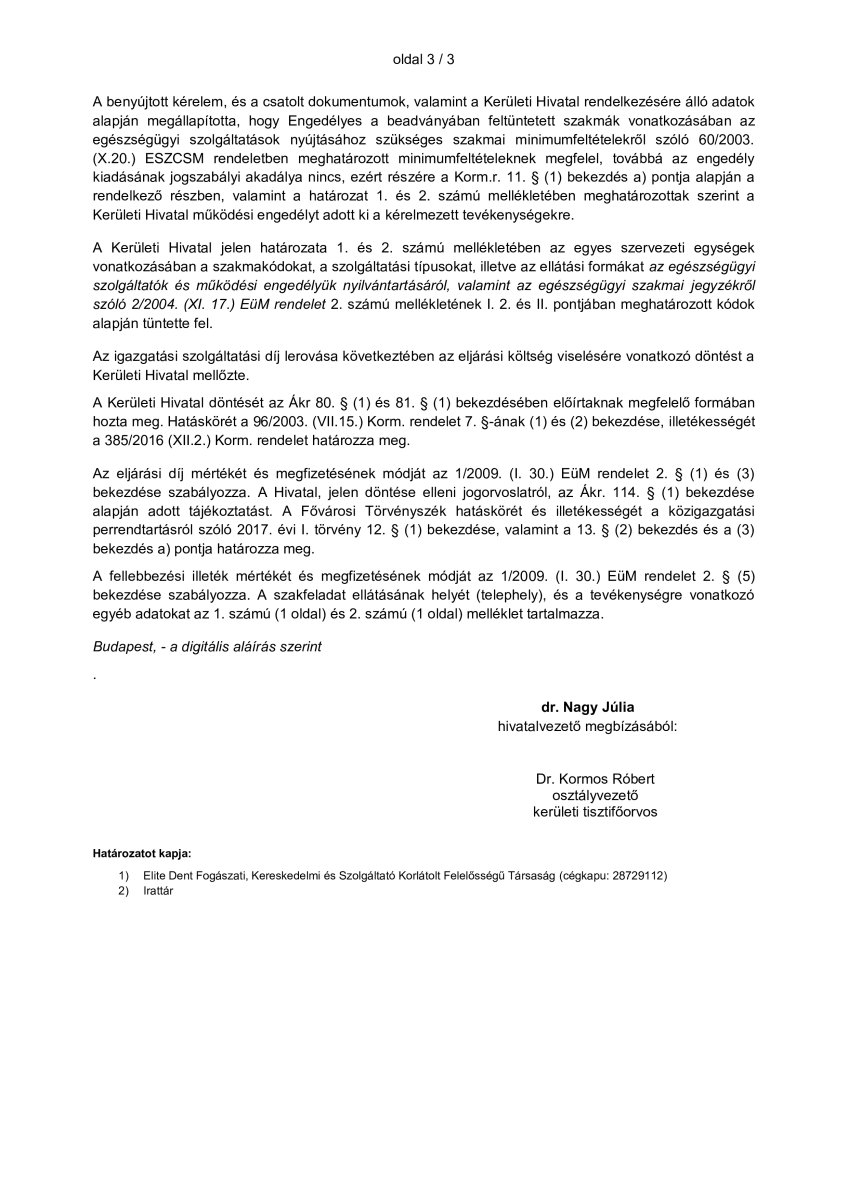 Licencia clínica para Dentium Implant Center emitida por la Oficina Distrital, Budapest