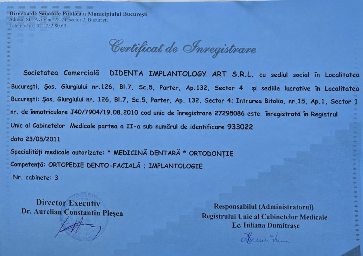 شهادة تسجيل طبية لـ Didenta Implantology Art، بوخارست، 2011