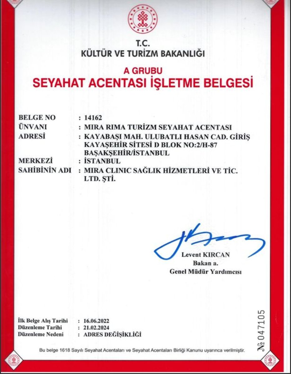 رخصة وكالة سفر لميرا كلينك (Mira Clinic SAĞLIK TURİZM ŞİRKETİ)، إسطنبول، صادرة عن وزارة الثقافة والسياحة التركية، 2024
