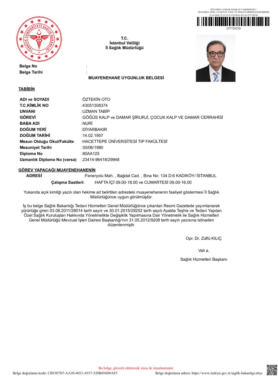 شهادة صلاحية العيادة لـ Prof. Öztekin Oto Heart Clinic، اسطنبول، وزارة الصحة التركية