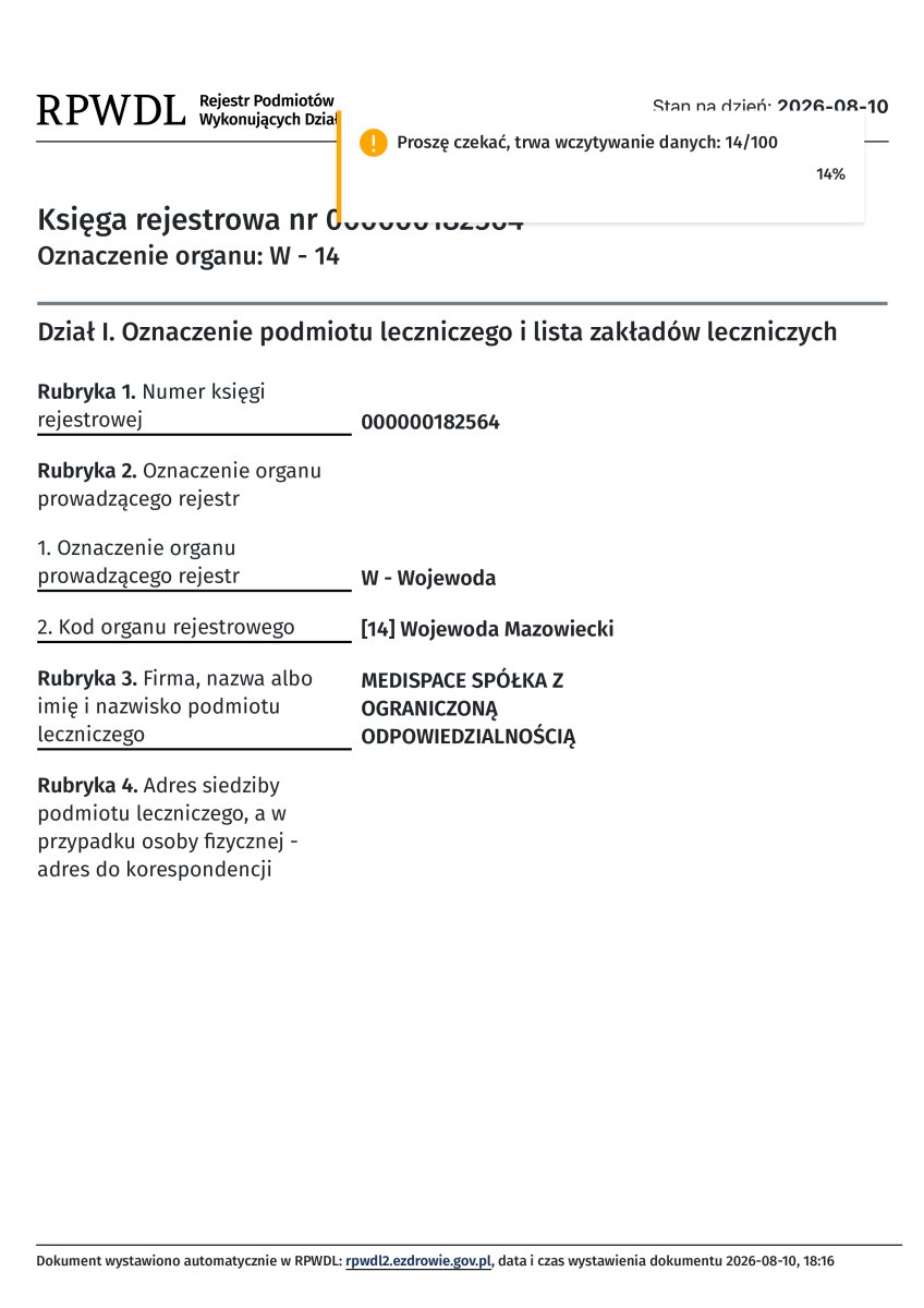 Certificado de registro clínico de MediSpace (Centrum Medyczne MediSpace), Mazowieckie, 2026