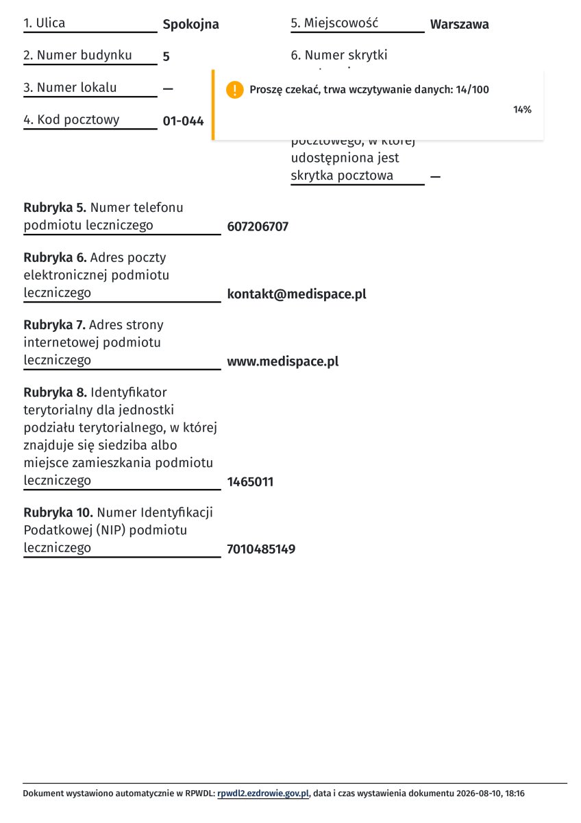 Documento de registro de la clínica MediSpace (Centrum Medyczne MediSpace), Varsovia, 2026