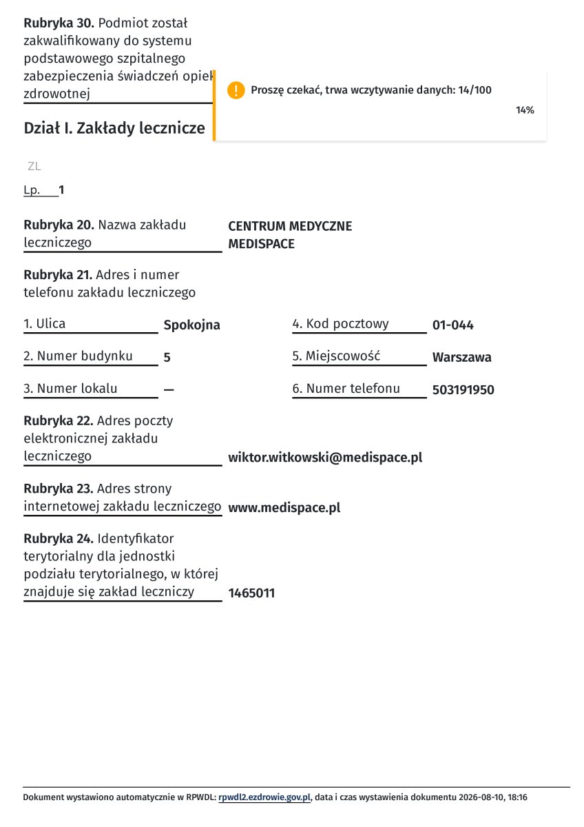 Registro de clínica para MediSpace (Centrum Medyczne MediSpace), Varsovia, Polonia, 2026