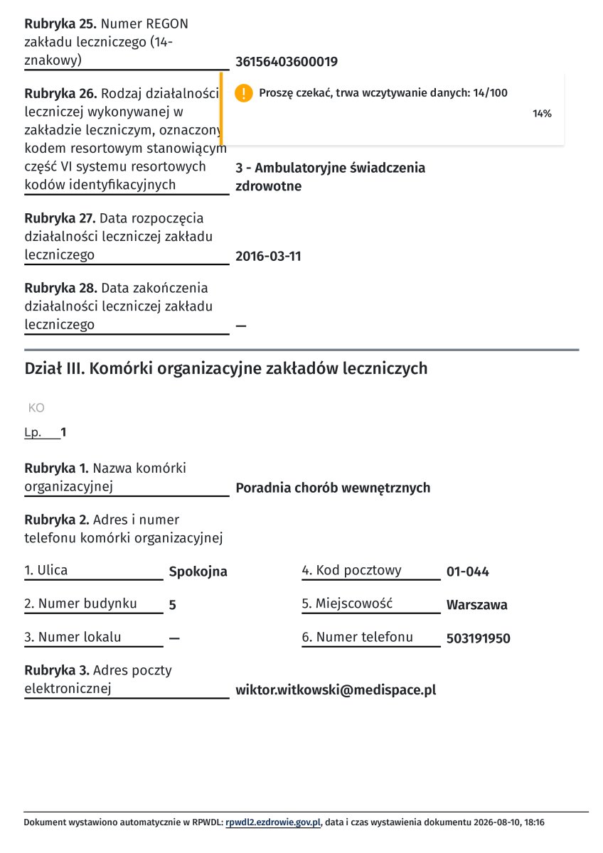 Licencia clínica de MediSpace (Centrum Medyczne MediSpace), Varsovia, Polonia, 2016