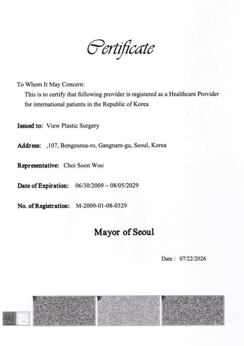 Certificado de proveedor de salud para View Plastic Surgery Hospital, Seúl, emitido por el alcalde de Seúl, 2026