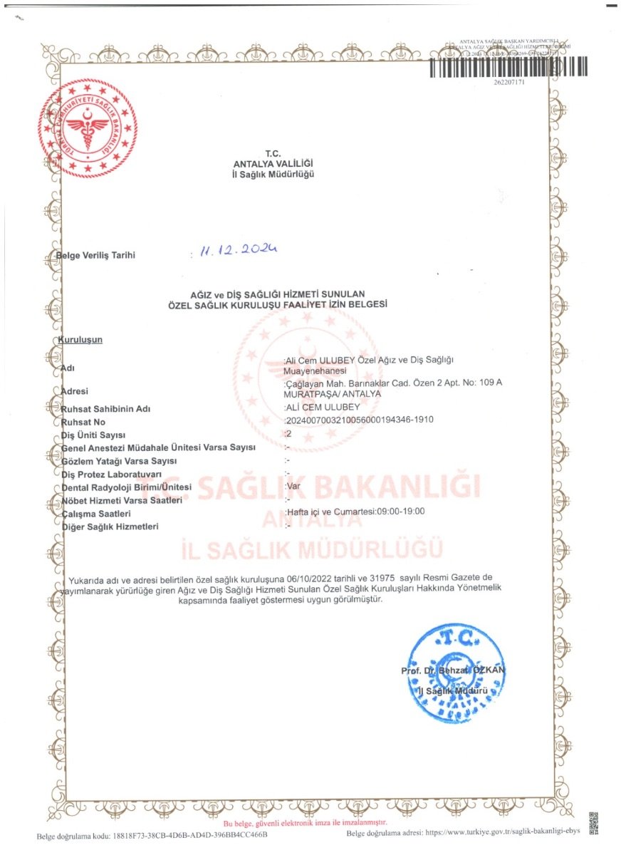 تصريح وزارة الصحة لعيادة Ulubey Dental Clinic Antalya، تركيا، 2021