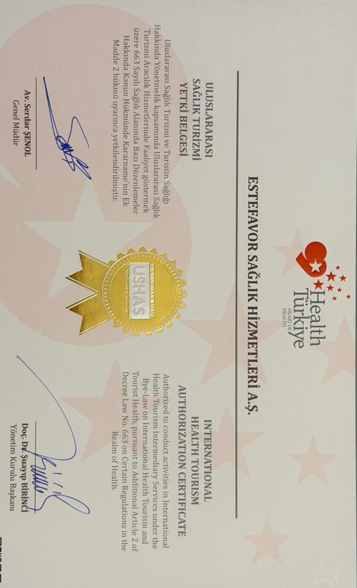 Certificado de autorización de turismo médico internacional para Este Favor Hair Transplant Clinic, Turquía