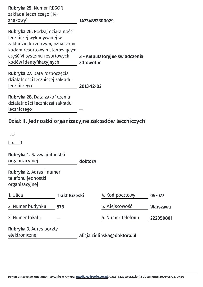 وثيقة تسجيل عيادة Centrum Medyczne doktorA، وارسو، 2013