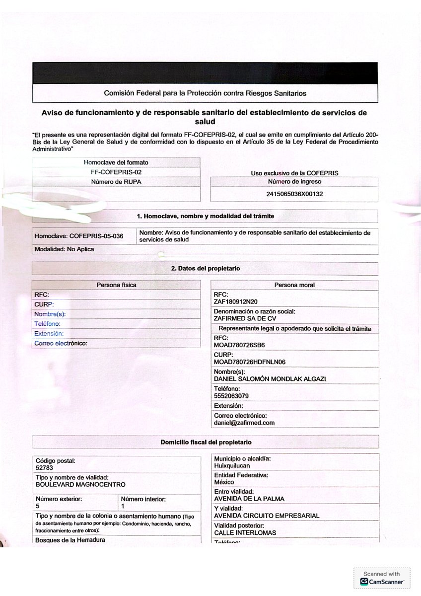 Aviso de funcionamiento COFEPRIS para Zafir Medical Center, México