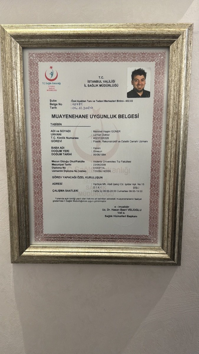 شهادة صلاحية العيادة لـ Op. Dr. Mehmet Haşim Güner – Estetik ve Plastik Cerrahi، اسطنبول، وزارة الصحة، 2020
