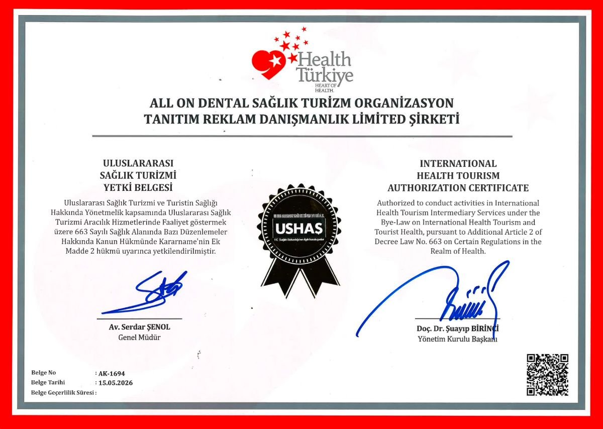 شهادة تفويض السياحة العلاجية الدولية لـ All On Dental Istanbul، تركيا