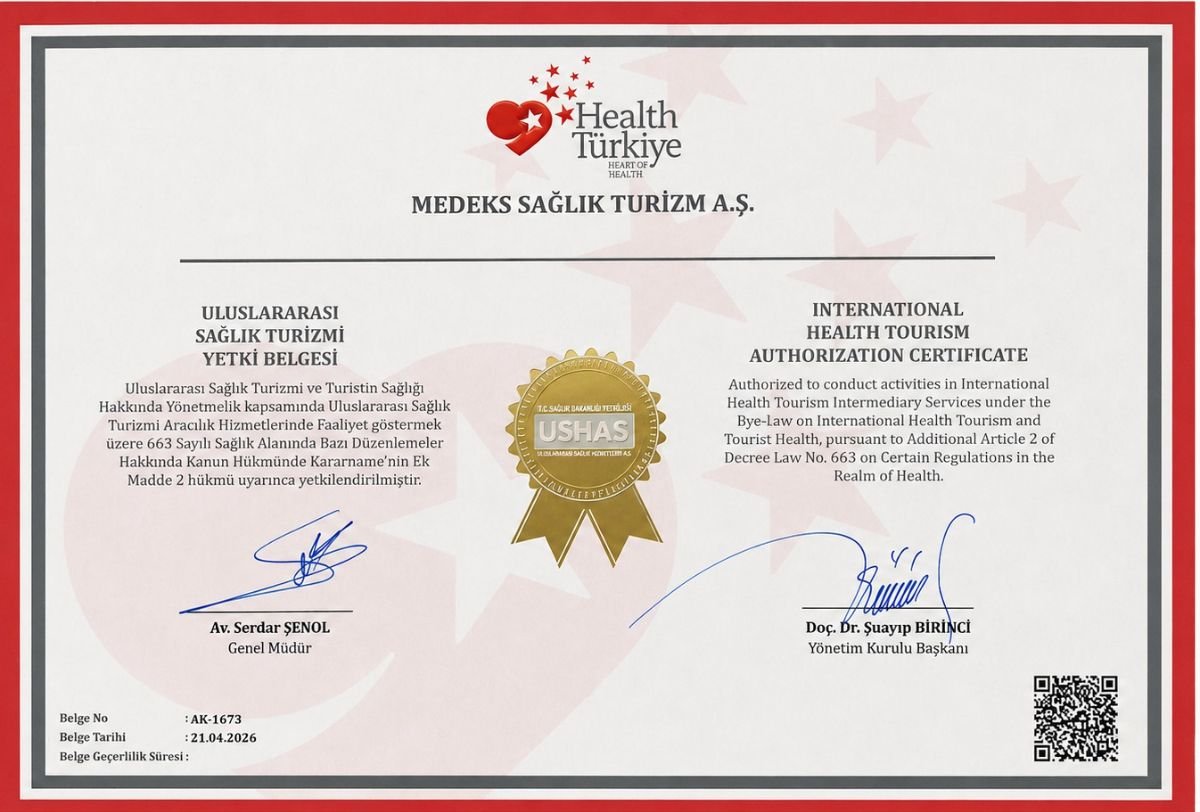 شهادة ترخيص السياحة العلاجية الدولية لمركز Medeks Hair Center، تركيا، 2026