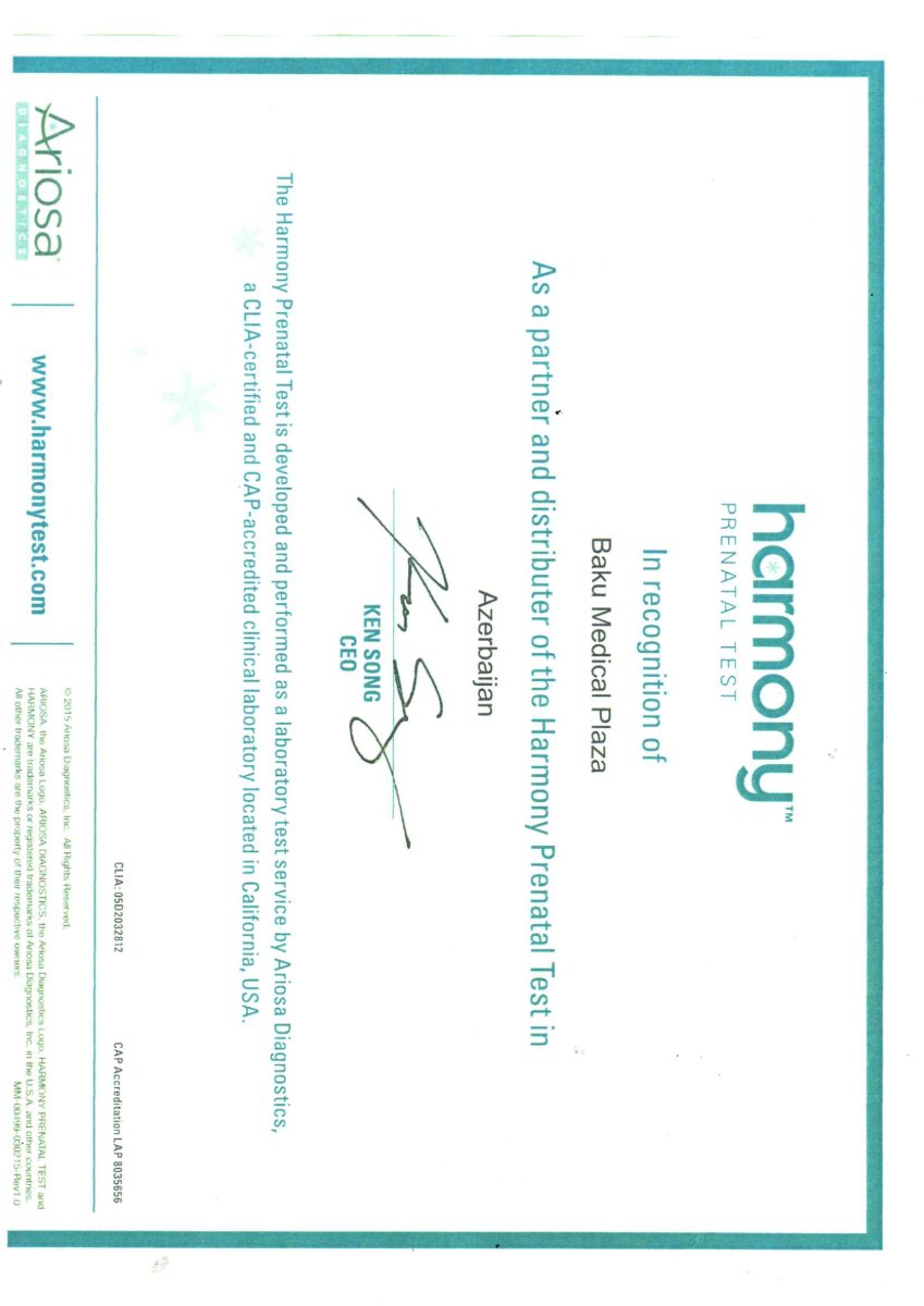 Certificado de asociación Harmony Prenatal Test para BMP Fertility, Azerbaiyán