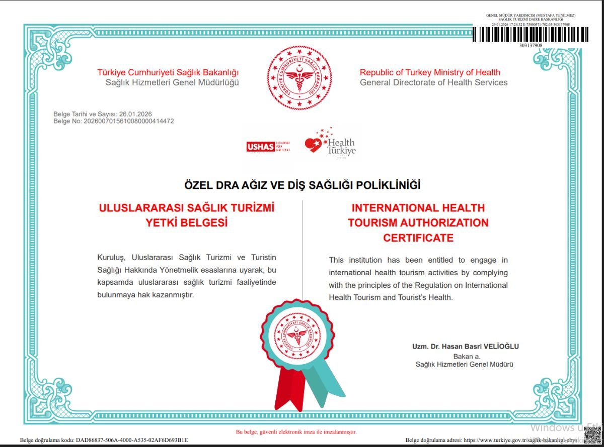 شهادة ترخيص السياحة الصحية الدولية لـ DRA Dental Clinic، تركيا، 2026