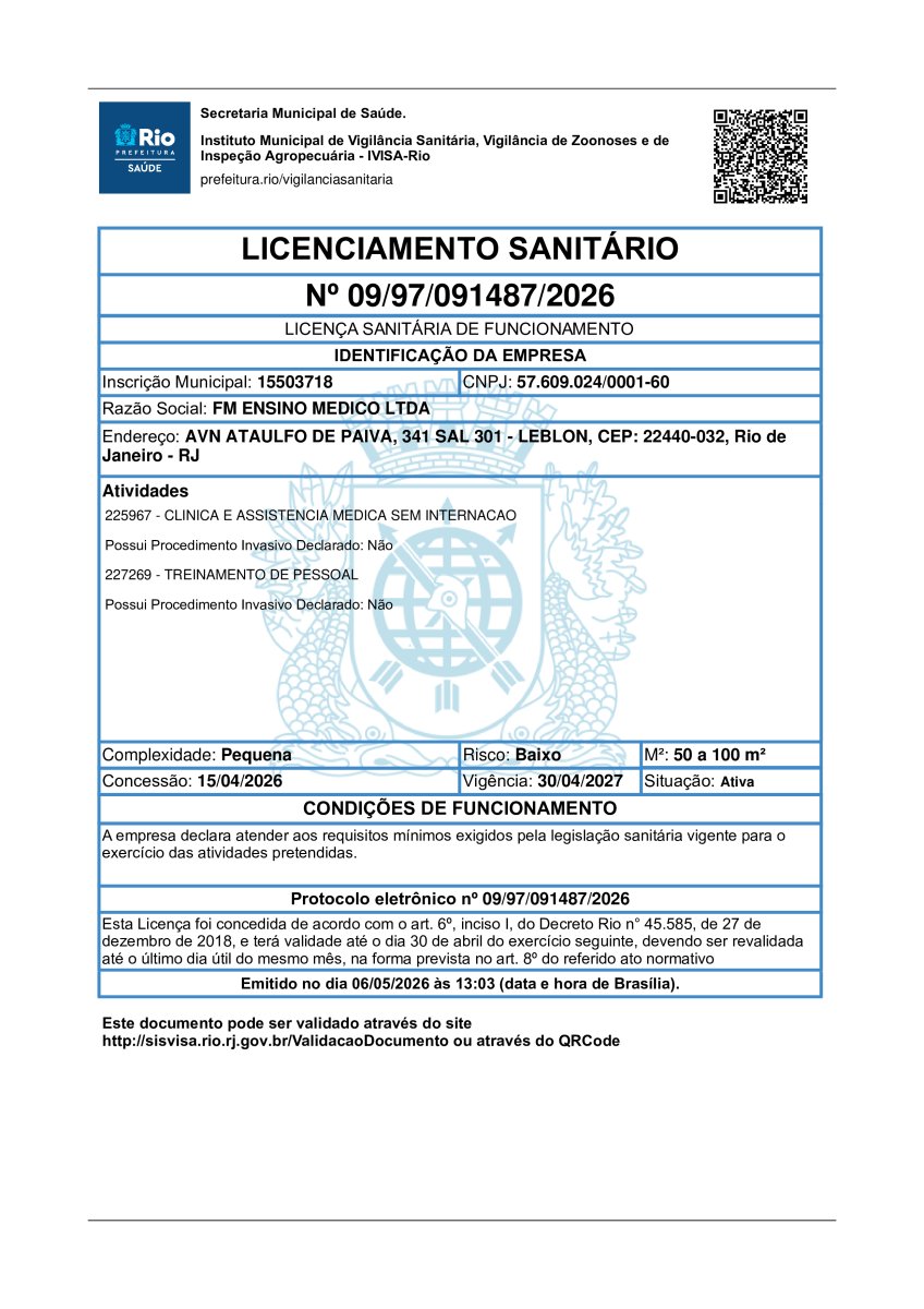 رخصة صحية لـ FM Ensino Medico Ltda، ريو دي جانيرو، صادرة عن IVISA-Rio، 2026