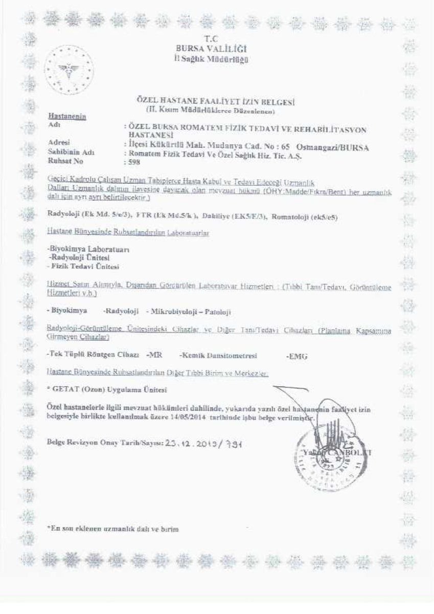 Licencia clínica para Romatem Move Çamlıca | Hospital de Fisioterapia y Rehabilitación emitida por la Dirección Provincial de Salud de Bursa, Turquía, 2019
