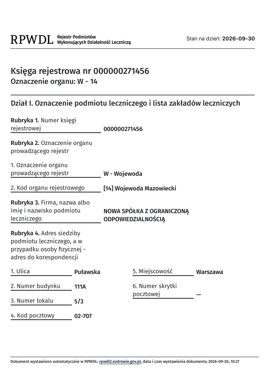 Certificado de registro de clínica NOWA Dental & Beauty Clinic, Mazowieckie, Polonia, 2026
