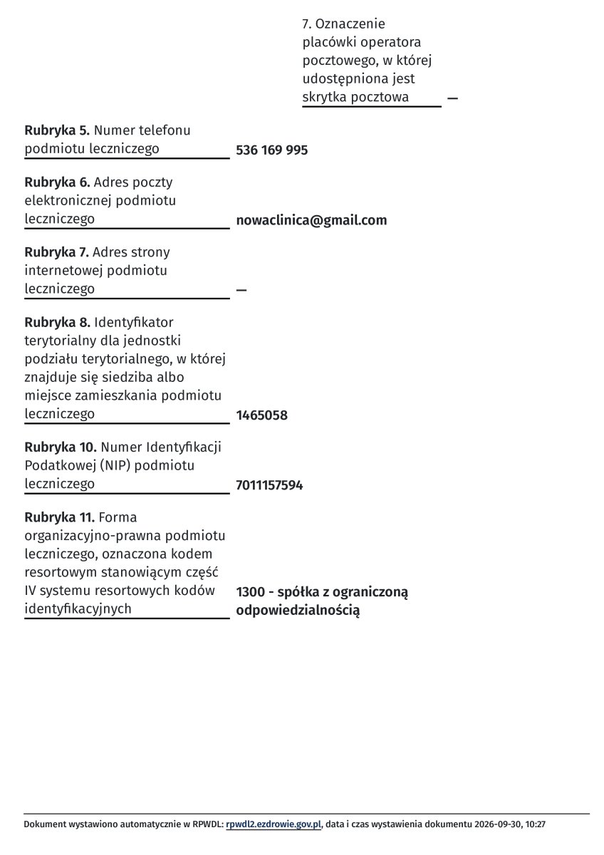 Documento de registro de clínica NOWA Dental & Beauty Clinic, Polonia, 2026