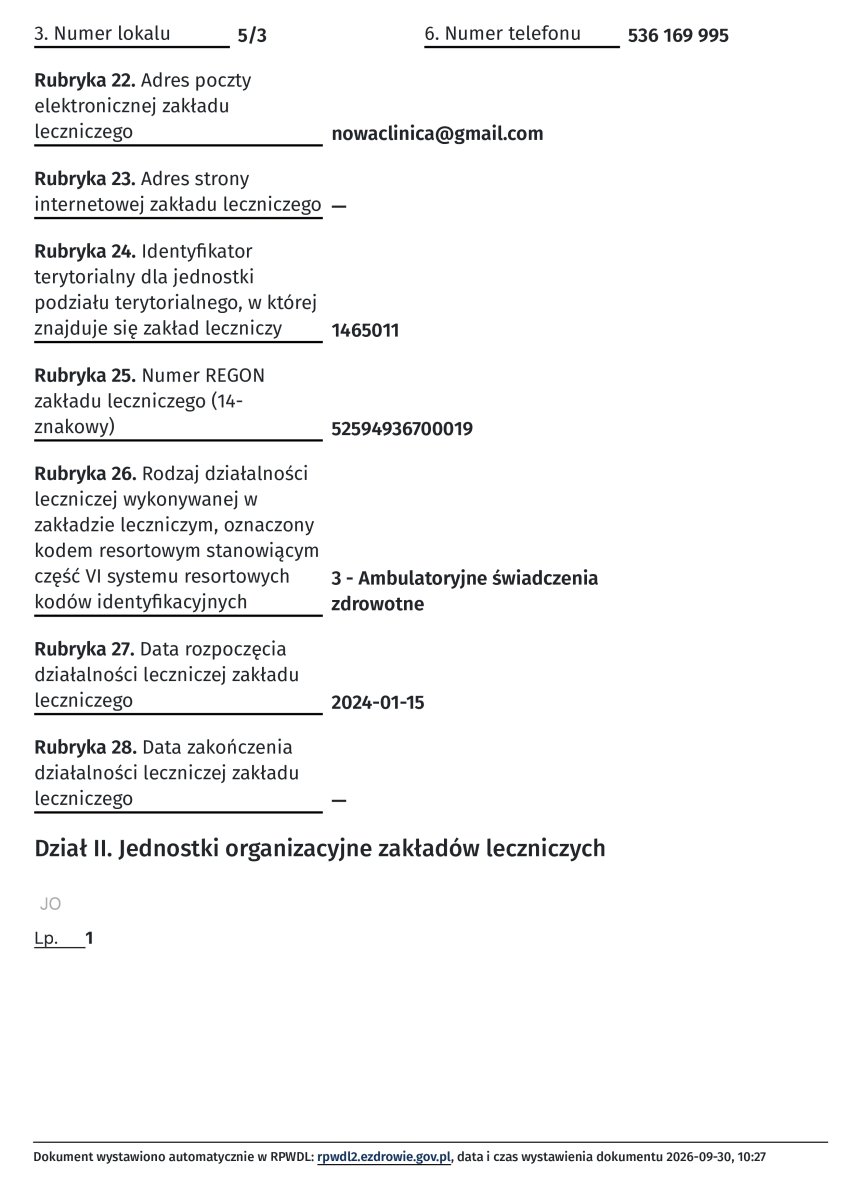 Permiso de actividad médica para NOWA Dental & Beauty Clinic, Polonia, 2024