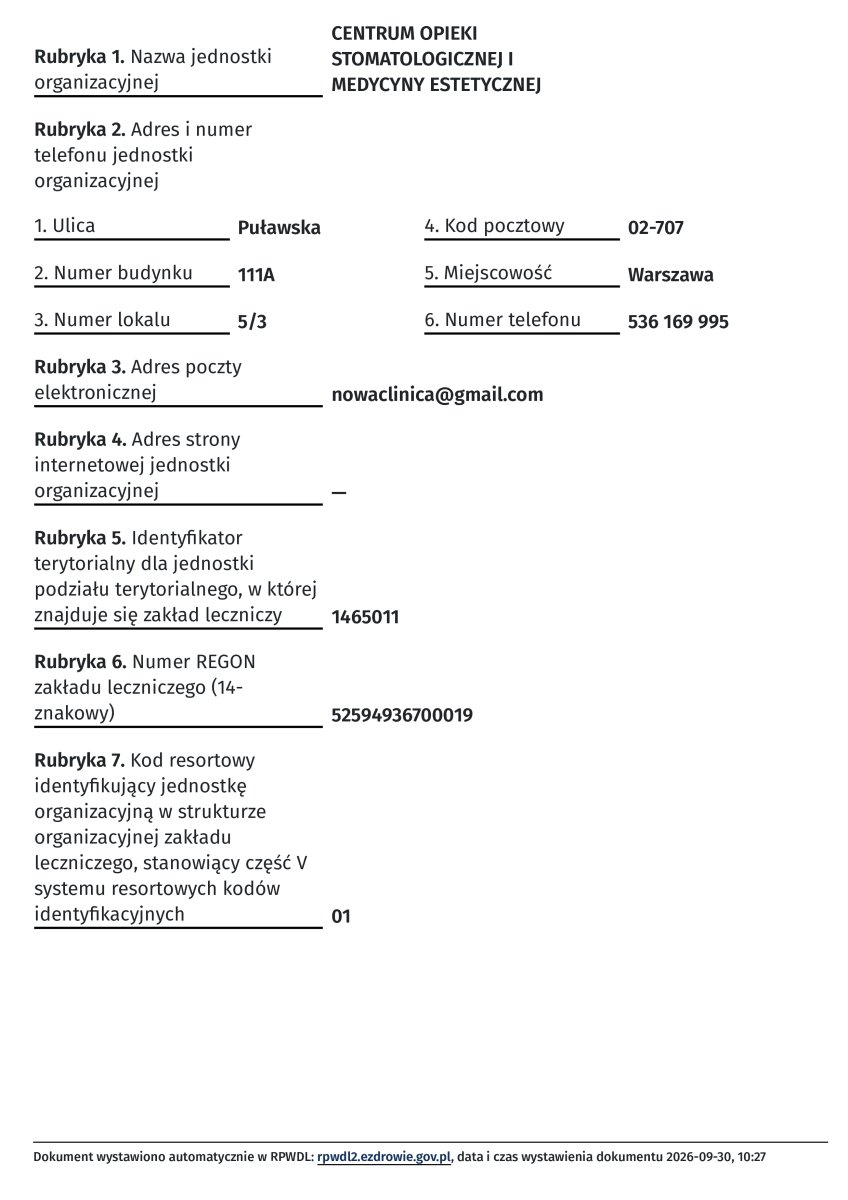 Documento de registro de clínica NOWA Dental & Beauty Clinic, Varsovia, Polonia, 2026