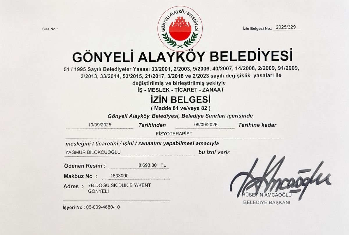 Licencia médica válida para Physio by Yağmur Bilokcuoğlu Physical Therapy Clinic