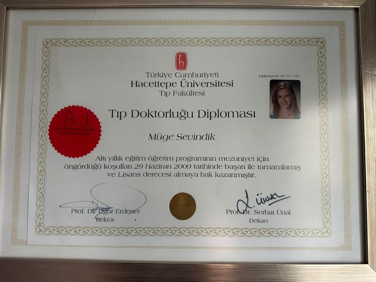 Diploma médico de Müge Sevindik, Universidad de Hacettepe, 2009, Op. Dr. Müge Sevindik Muayenehanesi (Cirugía Plástica Estética)