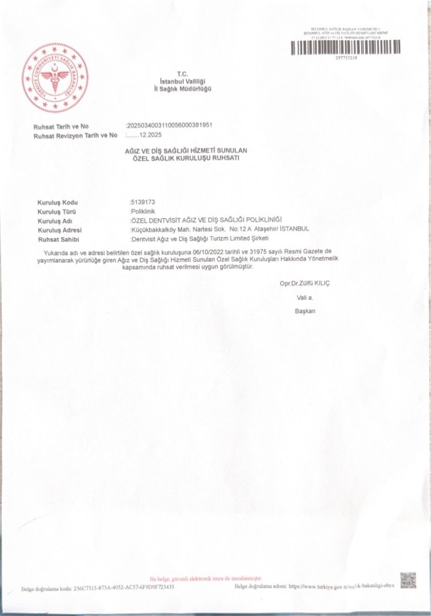 Licencia médica válida para DentVisit — Istanbul Dental Care