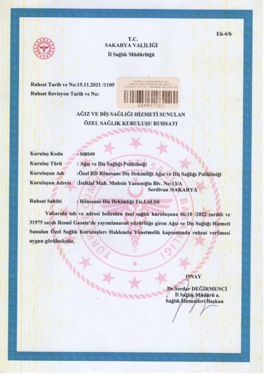 Licencia médica válida para Rönesans Diş Hekimliği