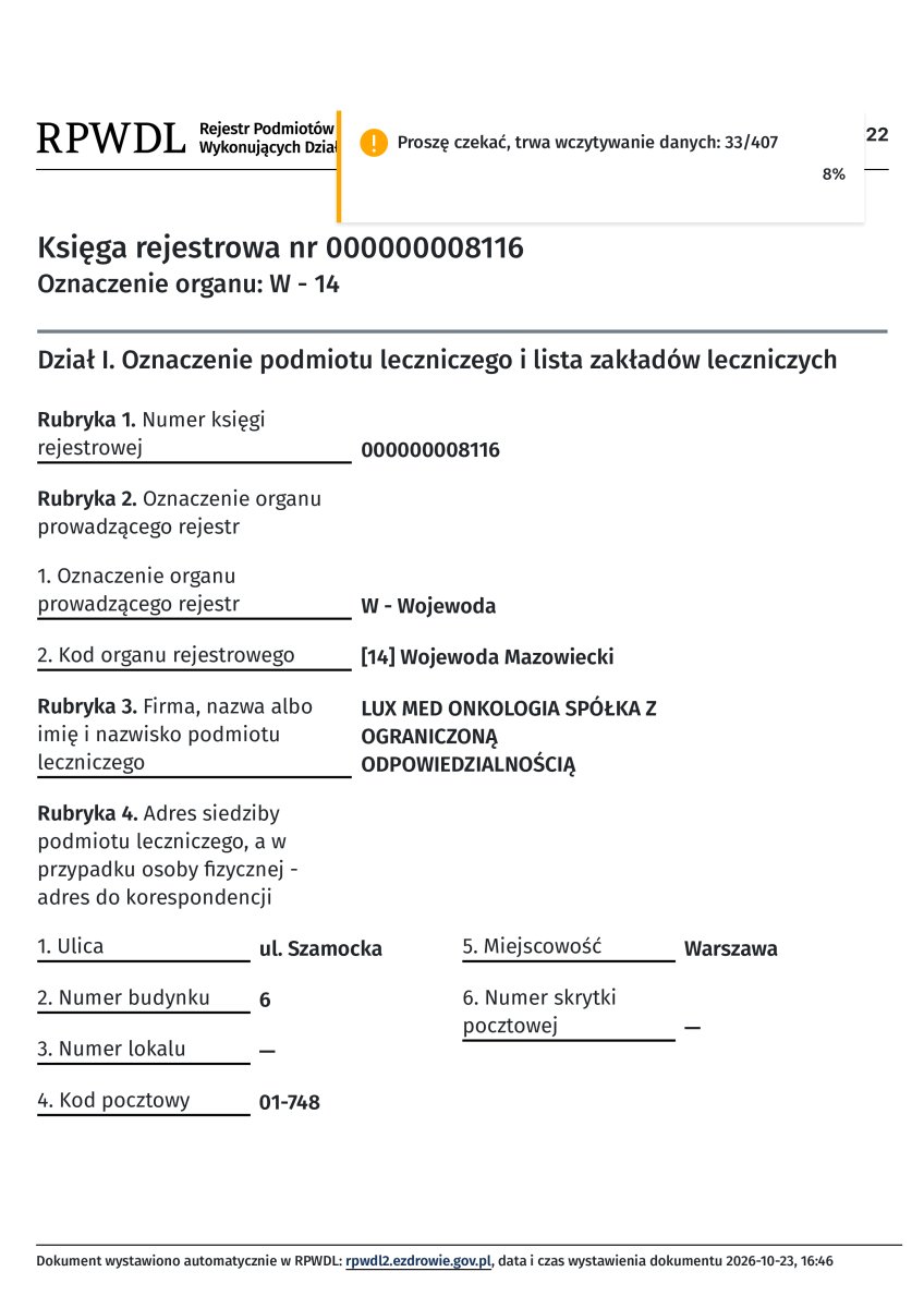 Licencia médica válida para LUX MED Szpital św. Elżbiety