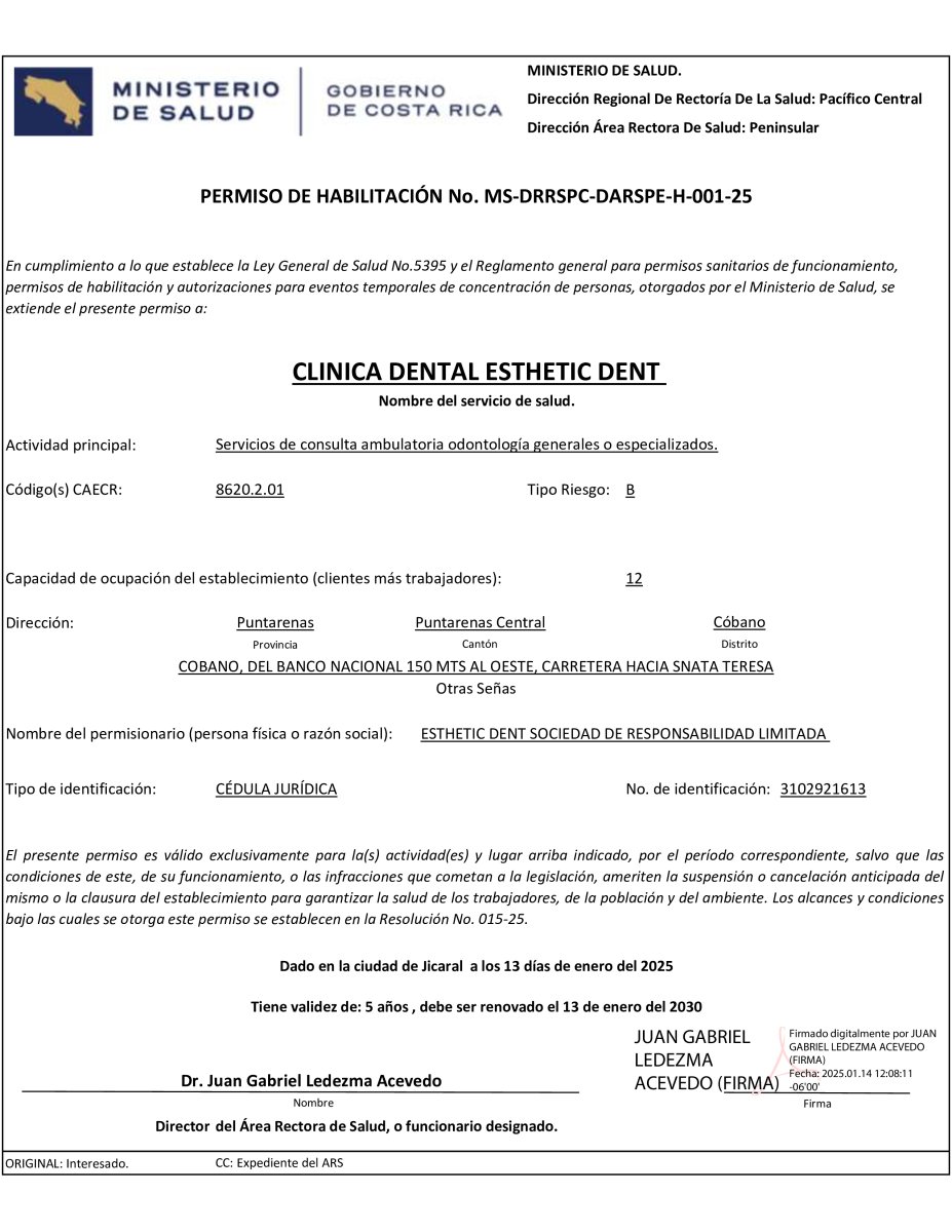 Permiso del Ministerio de Salud para Esthetic Dent, Costa Rica, 2025