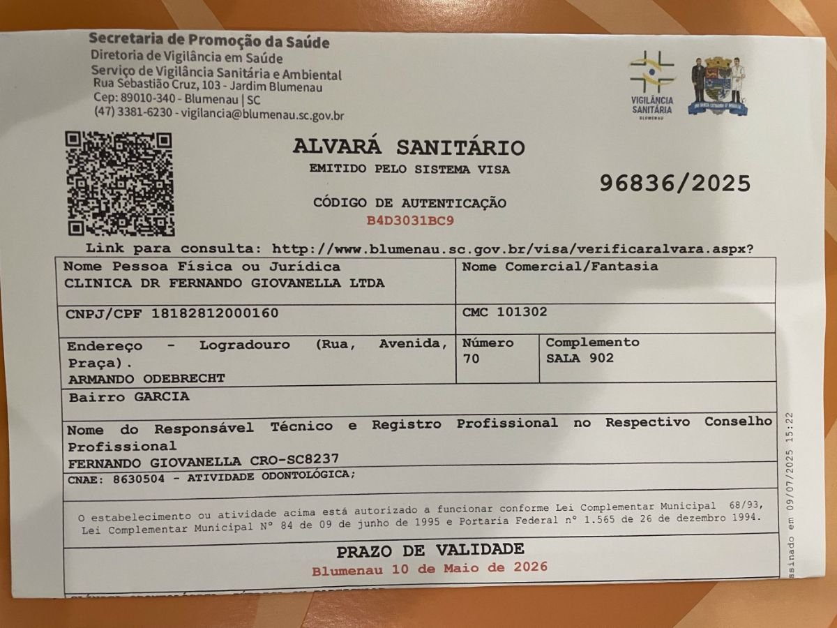 Licencia médica válida para Dr. Fernando Giovanella Clinic
