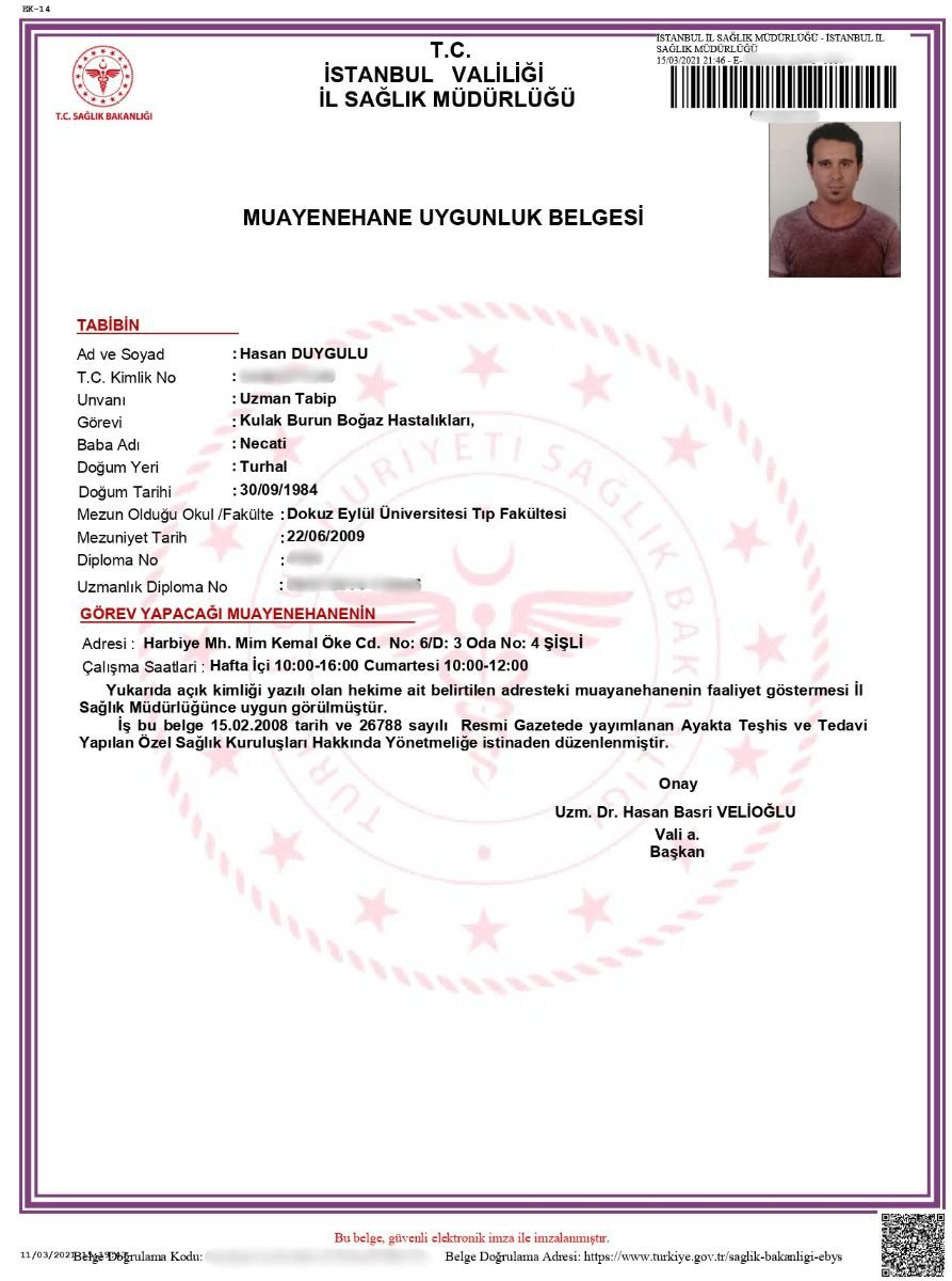 Certificado de idoneidad clínica para Dr. Hasan Duygulu - Face Aesthetics Clinic Turkey, Estambul, 2021