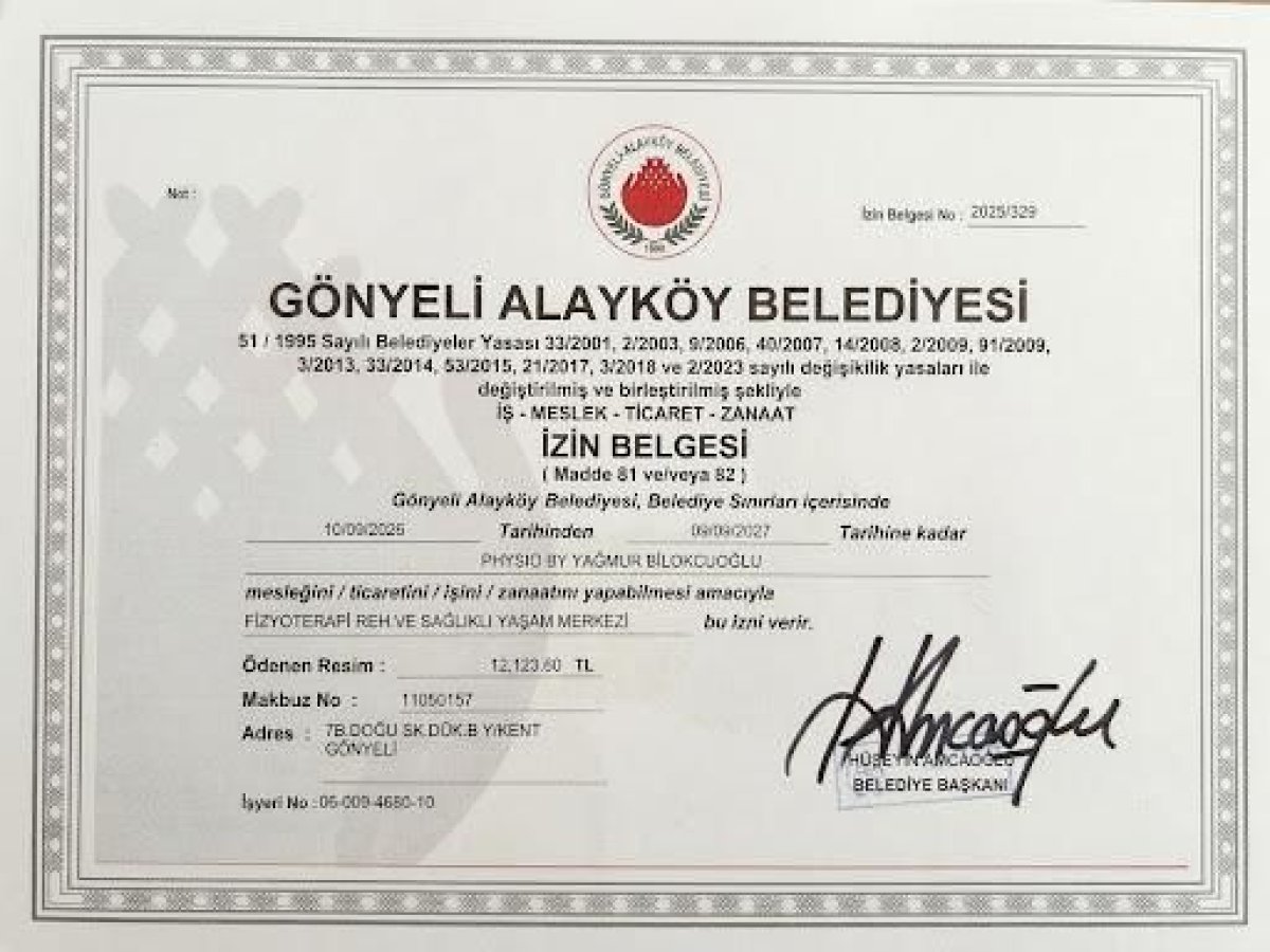 ترخيص طبي ساري لـ Physio by Yağmur Bilokcuoğlu Physical Therapy Clinic