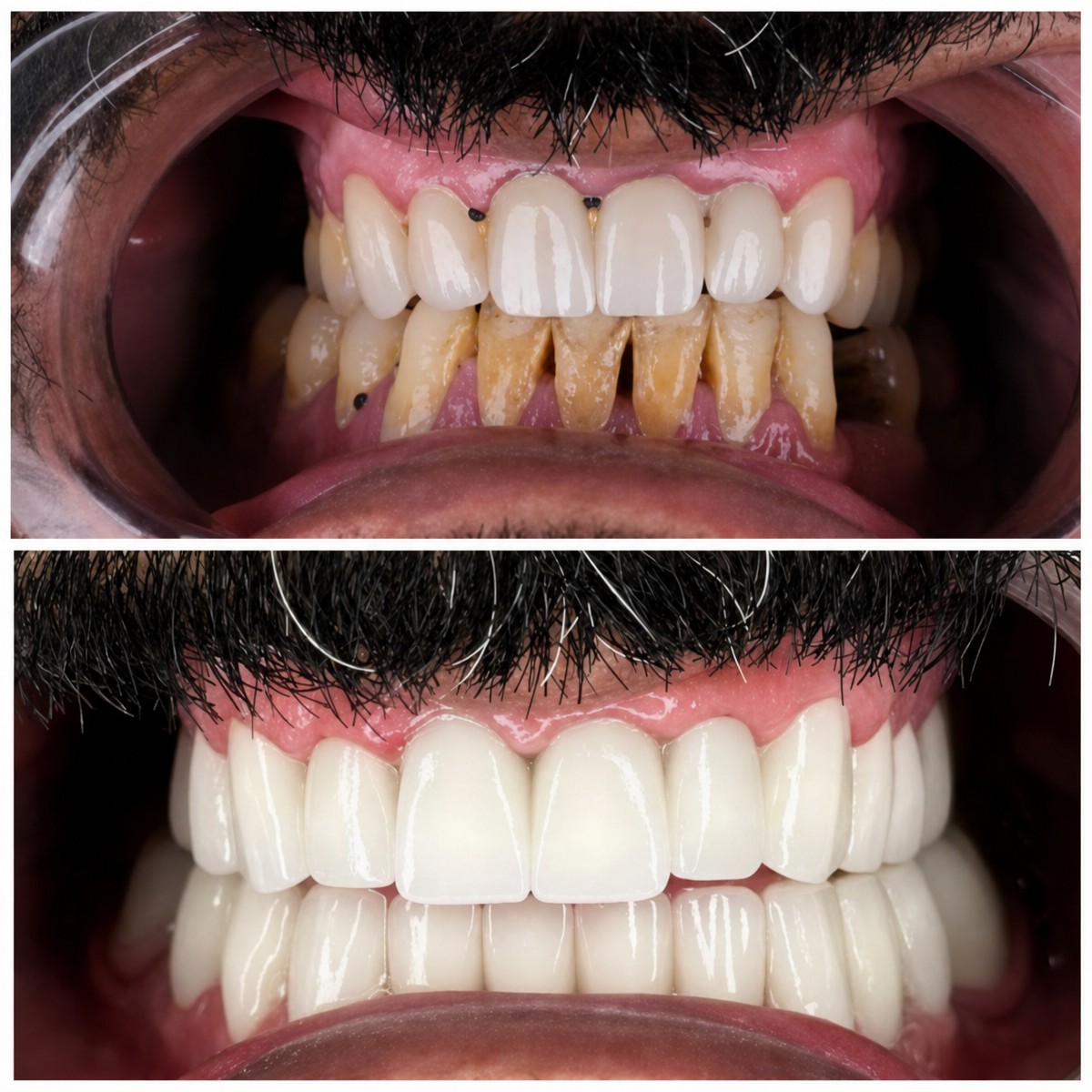 Resultados antes y después de puente dental en YEG Clinic, mejora estética de la sonrisa