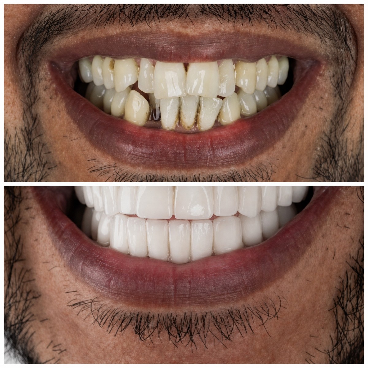 Résultat avant/après implants dentaires All-on-6 à YEG Clinic, restauration du sourire