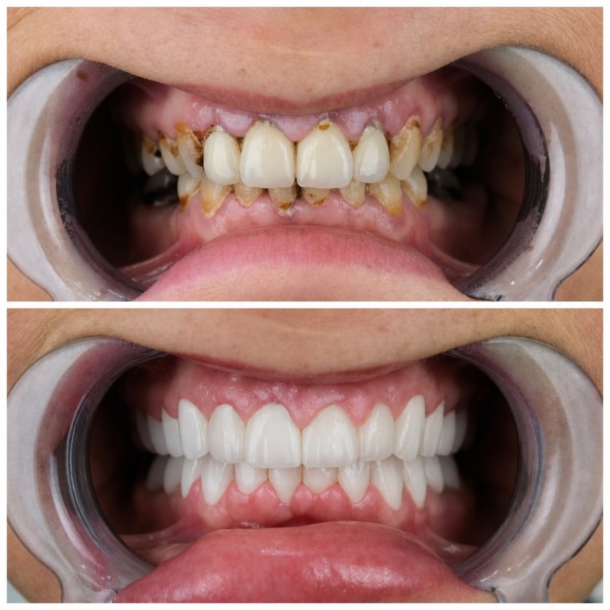 Resultados de prótesis dental antes y después en YEG Clinic – sonrisa restaurada natural