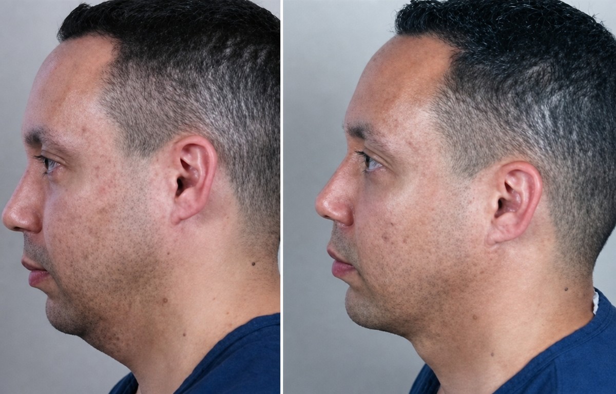 Before and after chin liposuction results at ID Clinic Bangkok, improved jawline definition