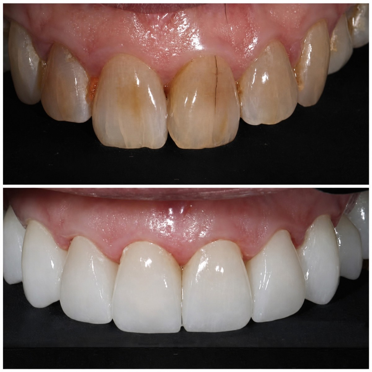 Результат до и после установки циркониевых виниров в Rose Dental Studio – белые зубы
