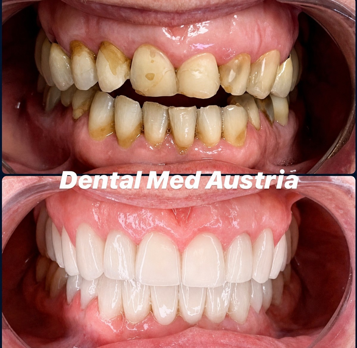نتائج قبل وبعد تركيب تيجان الزركونيا في Dental Med Austria & Elixence، تجميل الابتسامة