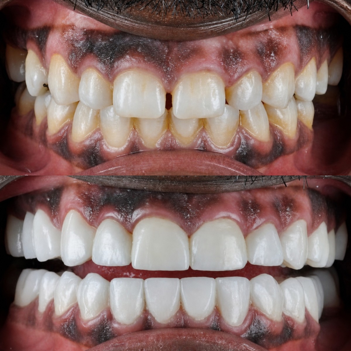 Resultados antes y después de coronas dentales en DentaPoint Dental Clinics, restauración de sonrisa
