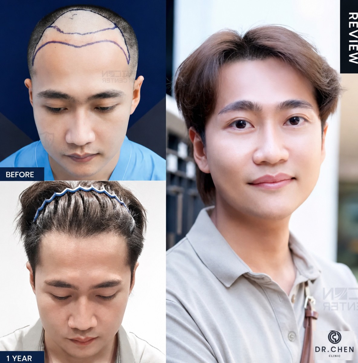 Before and after hair transplant results at Dr. Chen Clinic – restored natural hairline