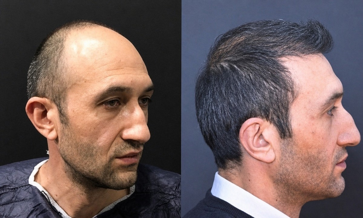 Before and after FUE hair transplant results at TWT Health Clinic, restored hairline in male