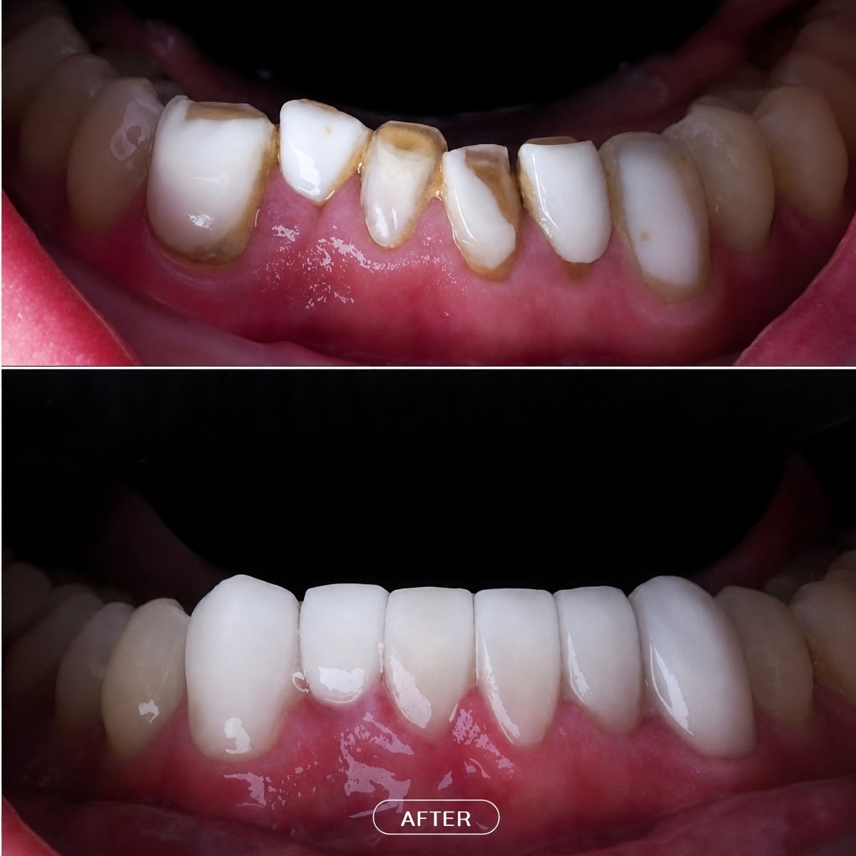 نتيجة قبل وبعد الفينير في About Tooth Dental Clinic – تجميل ابتسامة الأسنان السفلية