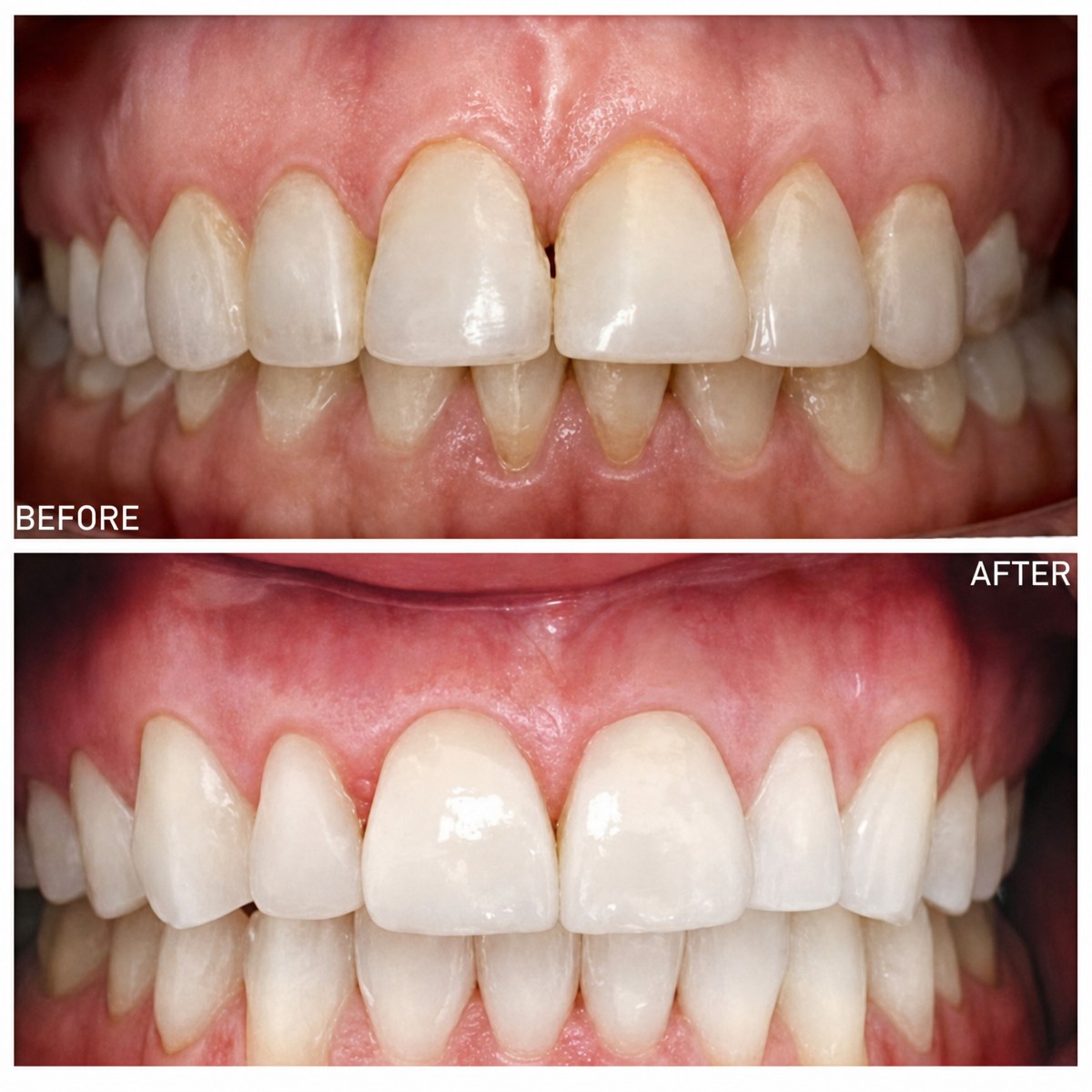 نتائج قبل وبعد قشور البورسلين في عيادة Dentinno Dental Clinic، تحسين جمالية الابتسامة