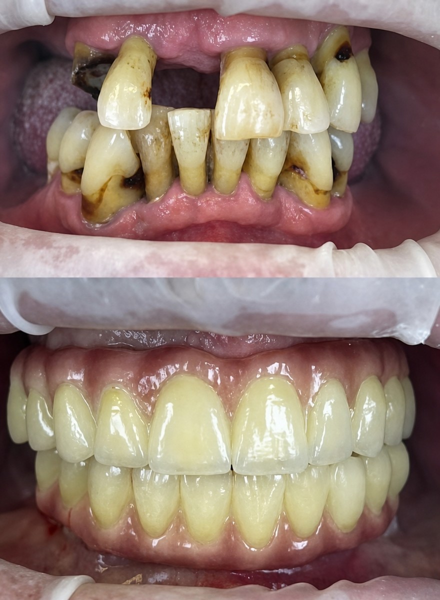 Resultados antes y después de implantes All-on-4 en Rosental Dental – restauración total de sonrisa