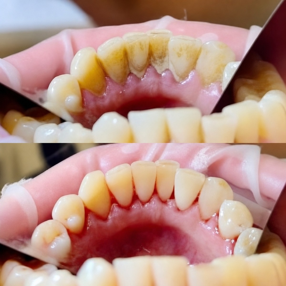 Before and after teeth cleaning (scaling) results at Smile Dentica Clinic, plaque removal