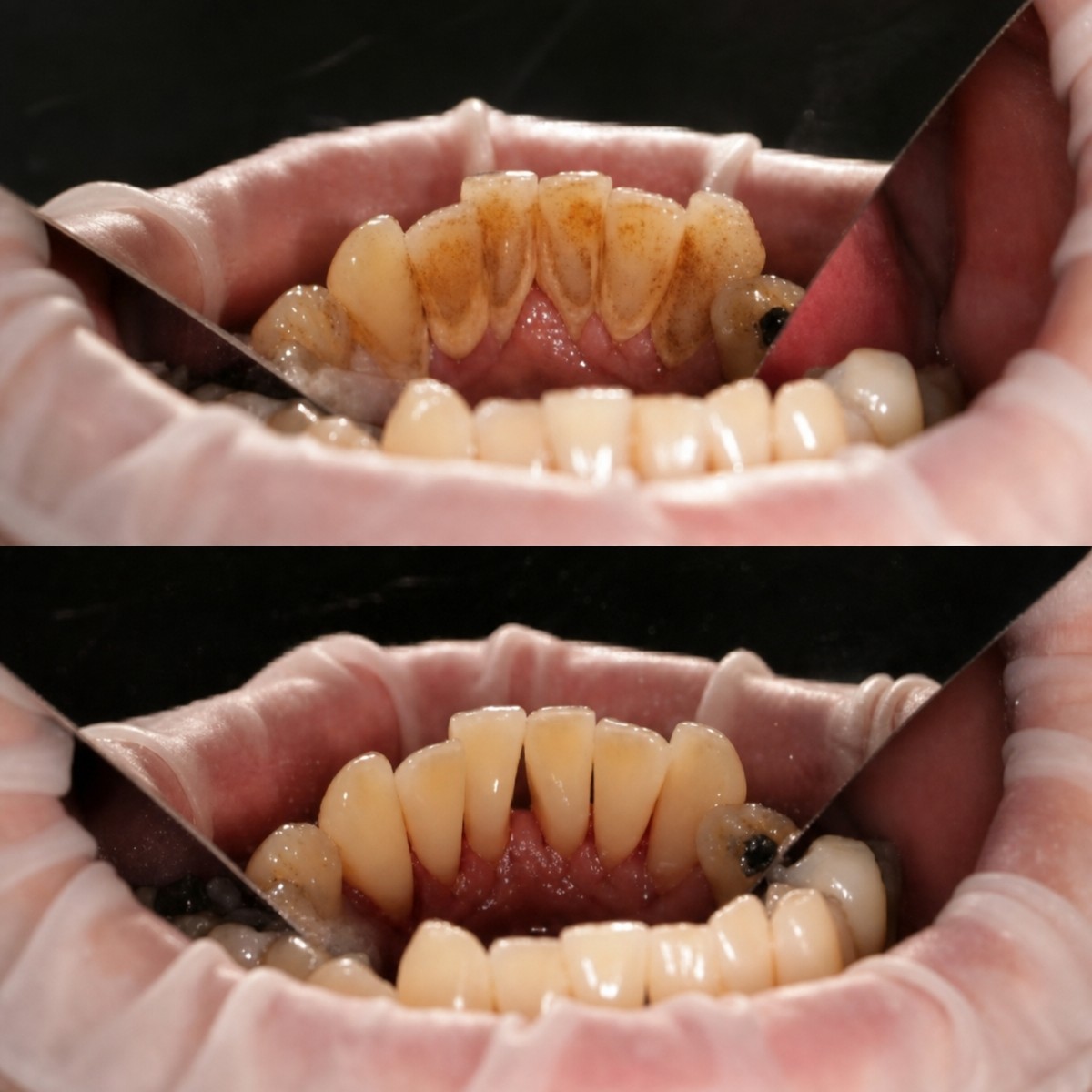نتائج قبل وبعد تنظيف عميق (تقليح) في Smile Dentica Clinic، تحسين صحة الفم