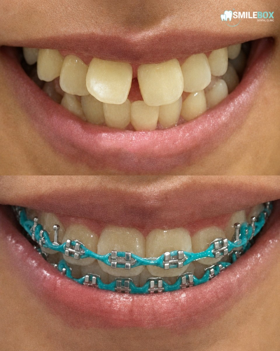 Resultados antes y después de brackets para adultos en SmileBox Dental Clinic - Thonglor, alineación dental