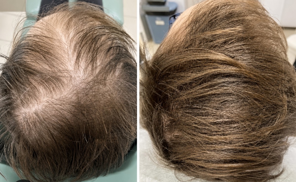 Before and after hair transplant results at Madame Safiye Clinic, improved hair density